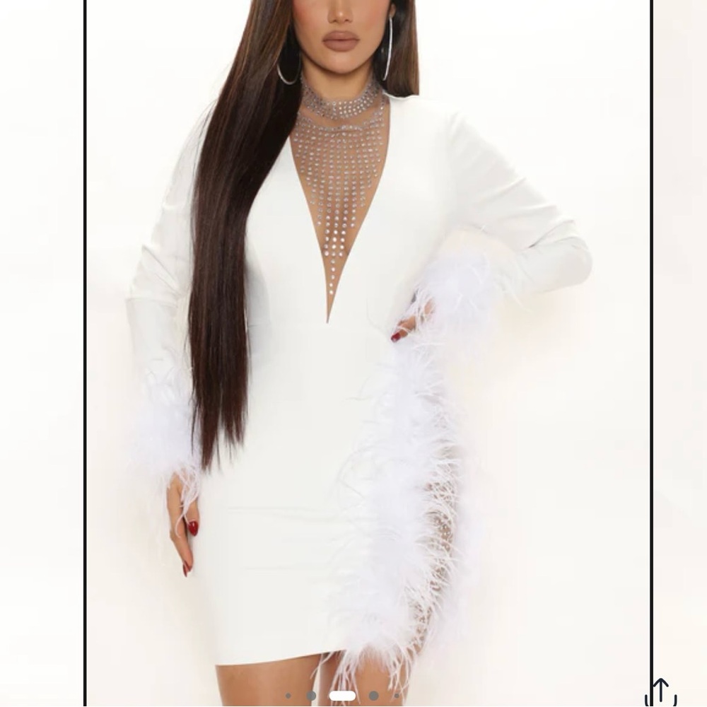 Fashion Nova Elegant White Feather-Trimmed Trust Fund Please Mini Dress, Size Sm